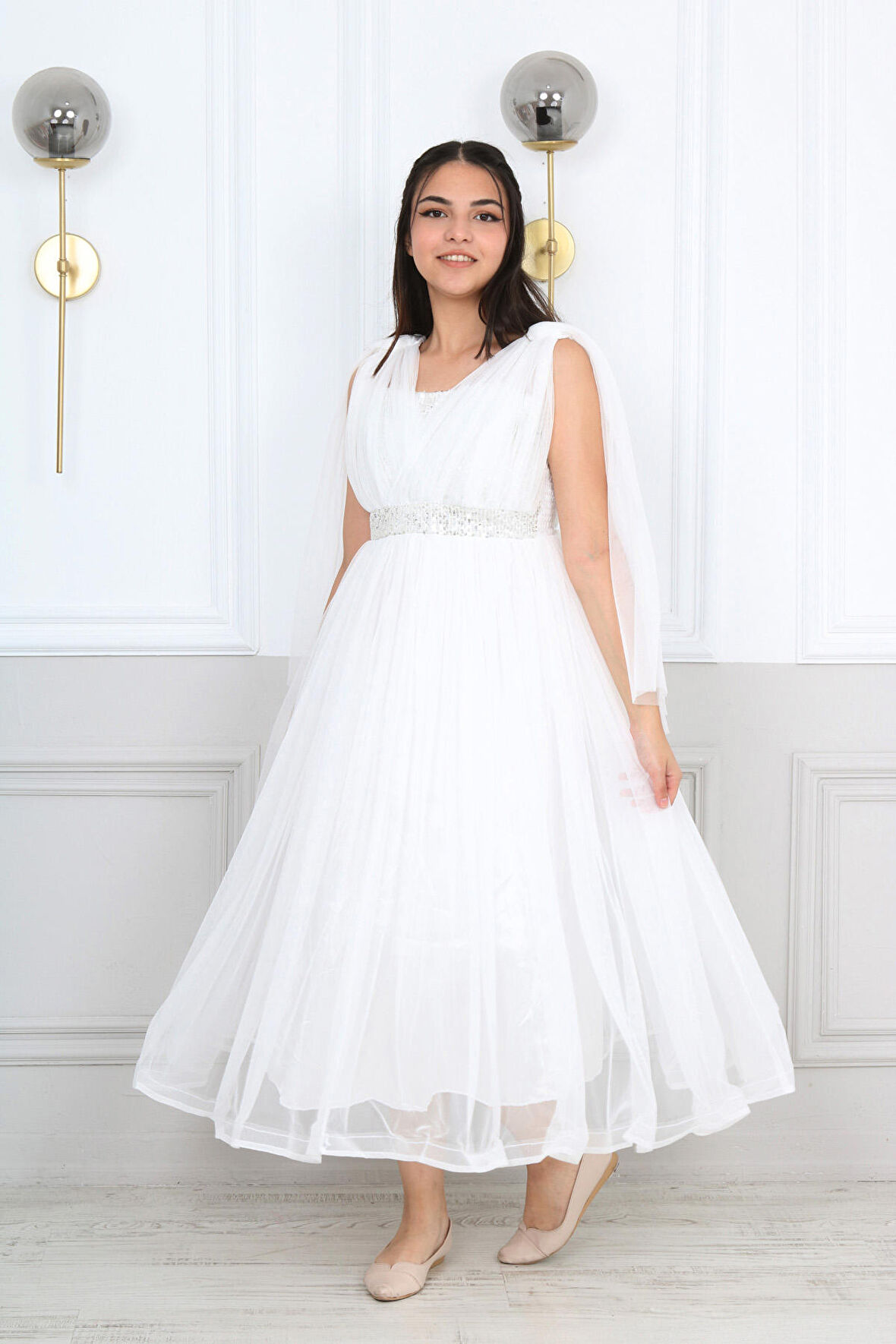 Kız Çocuk Beli Pul İşleme Sırt Lastikli  Dantel Kol Detay Abiye Mezuniyet Düğün Balo Elbise