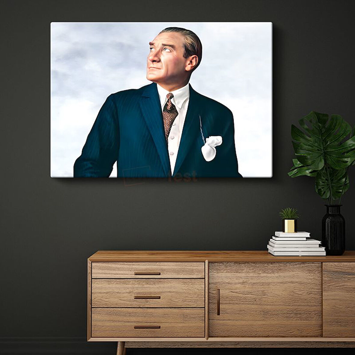 Yukarı Bakan Atatürk - Mavi Takım Elbiseli Kanvas Tablo