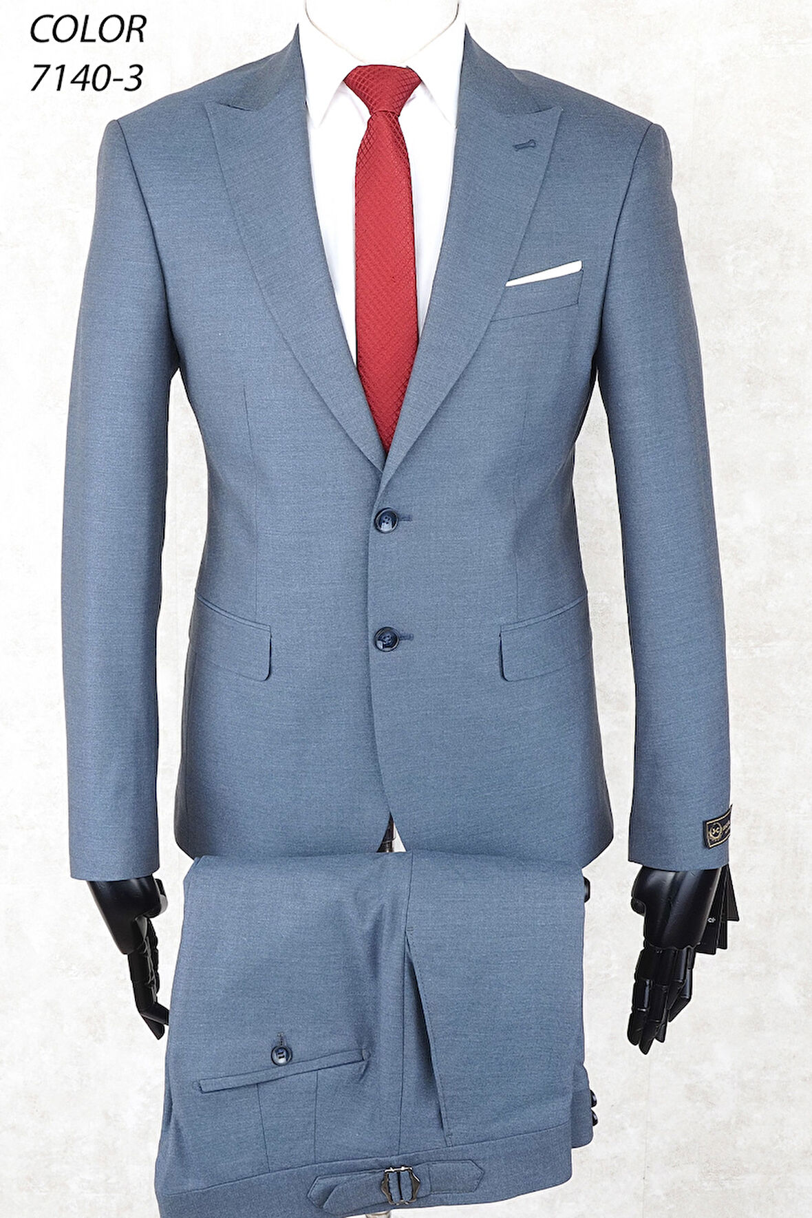 Slim Fit İki Düğme Sivri Yaka Çift Yırtmaç Tokalı Pantolon Blue Gray Drop 6  Takım Elbise