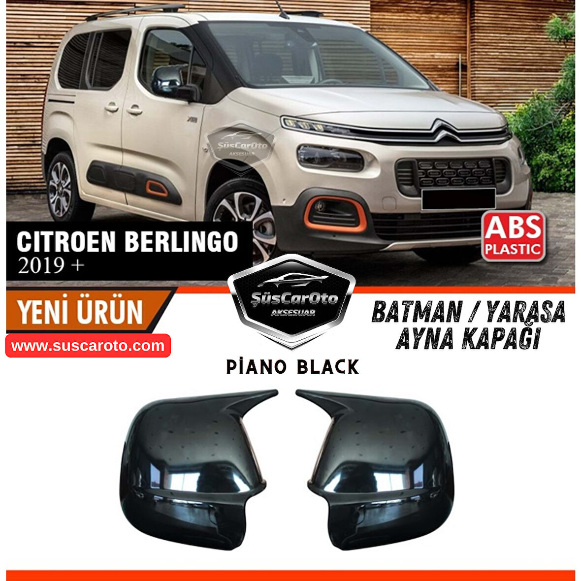 Citroen Berlingo Mk3 2019 Sonrası Uyumlu Batman Yarasa Ayna Kapağı Piano Black ABS Plastik Sağ Sol Takım