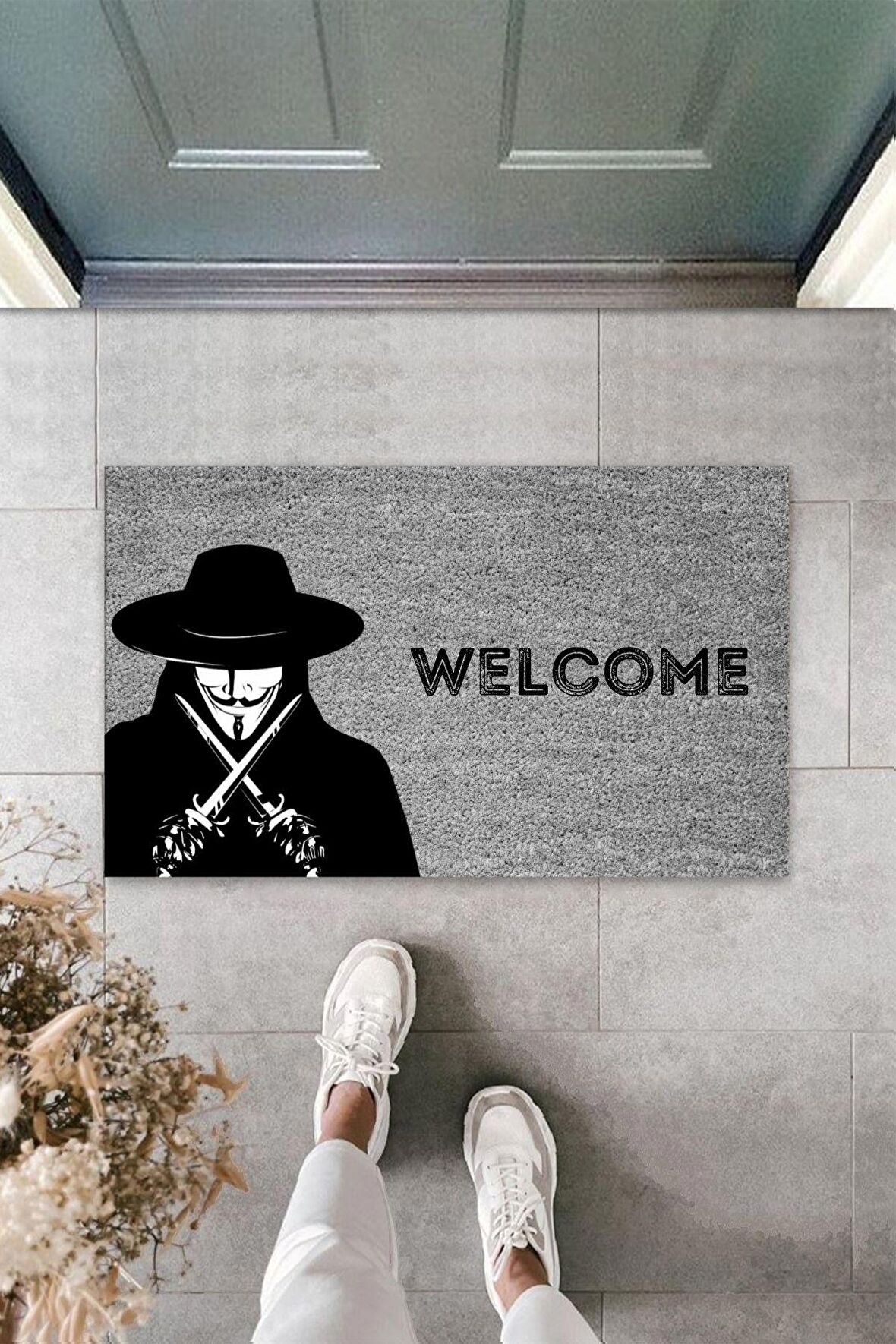 Dormot Home Modern Dijital Baskı  Gri V For Vendetta Paspas- Kapı Önü Paspası