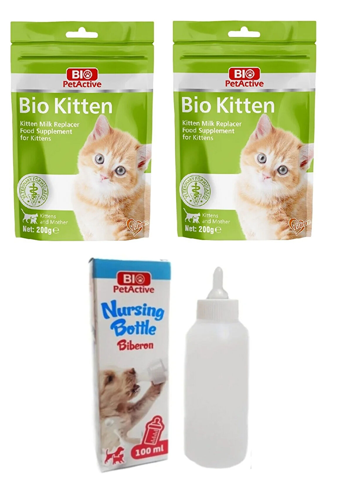 Bio PetActive Kitten Milk Powder Yavru Kedi Süt Tozu 200 Gr X 2 Adet + Biberon Seti