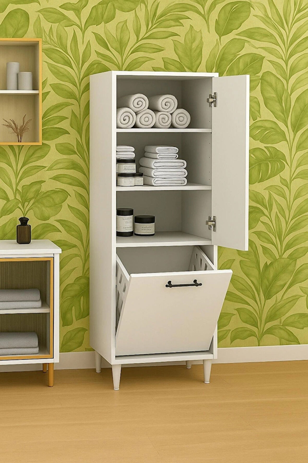 Kirli Sepetli 2 Kapaklı 3 Raflı Çok Amaçlı Ahşap Banyo Dolabı, Banyo Düzenleyici Çamaşır Sepeti