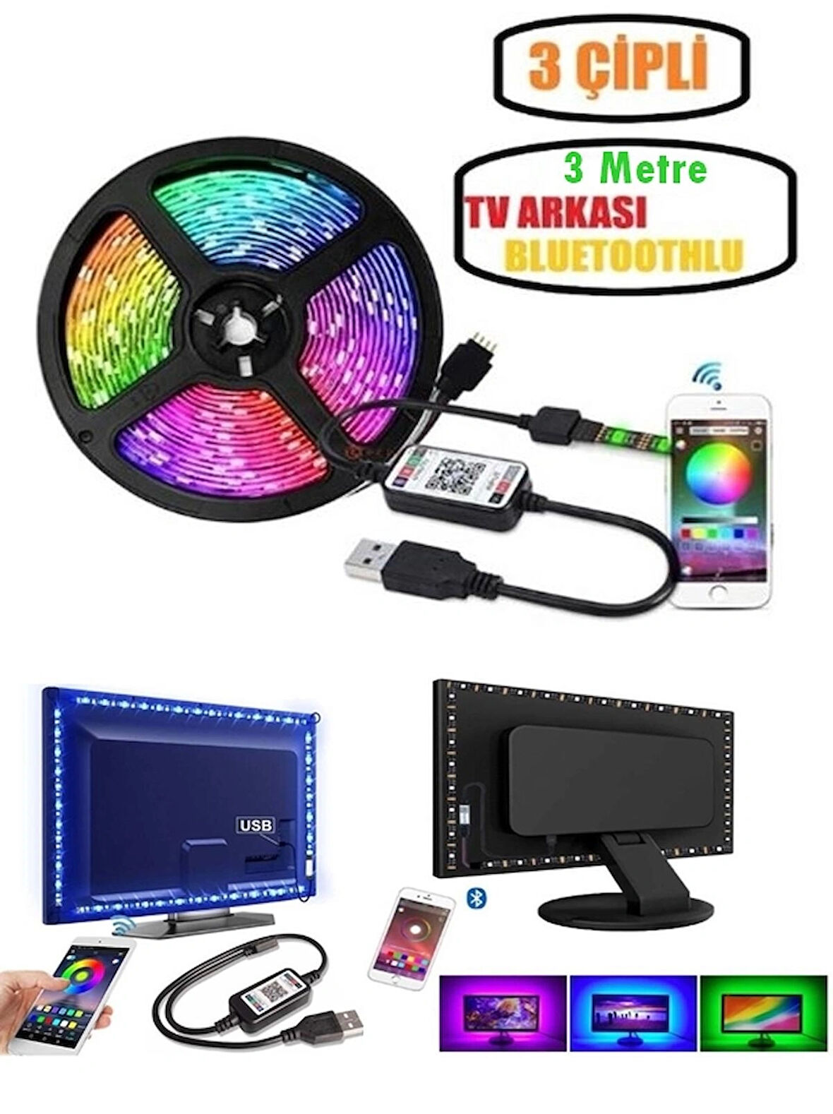 Bluetoothlu USB Şerit LED Tv Pc Arkası Telefondan kontrollü Rgb Aydınlatma 3 Metre Sese Duyarlı LED IŞIK