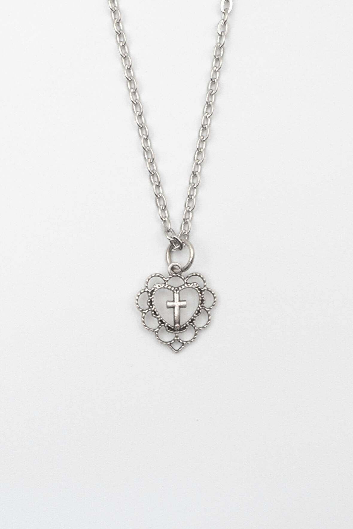 Modern Kalp İçinde Haç Kolye - Düz Ezme İthal Zincirli Unisex Gümüş Kaplama - 60 cm