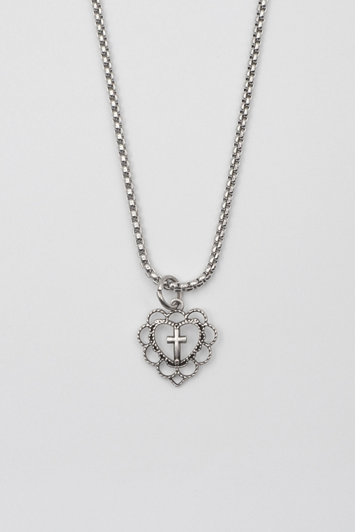Minimalist Kalp Haç Kolye - Örme İthal Zincirli Unisex Gümüş Kaplama - 60 cm