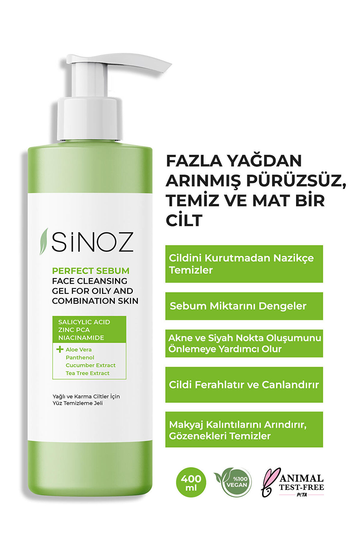 Sinoz Perfect Sebum Dengeleyici Yüz Temizleme Jeli 400 ml Yağlı Karma Ciltler Için