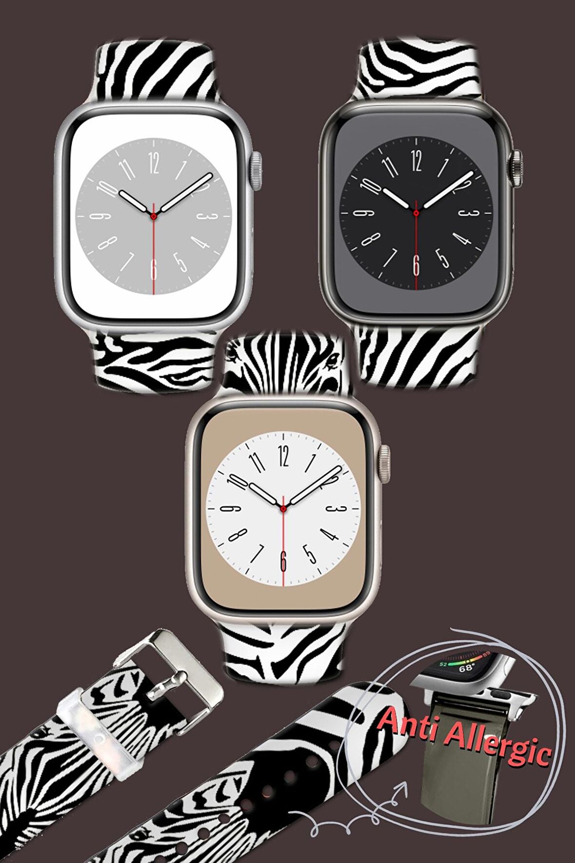 Watch 2 3 4 5 6 7 8 Se 42 44 45mm Beyaz Zebra Desenli Kordon Kayış Bileklik Kaliteli Silikon