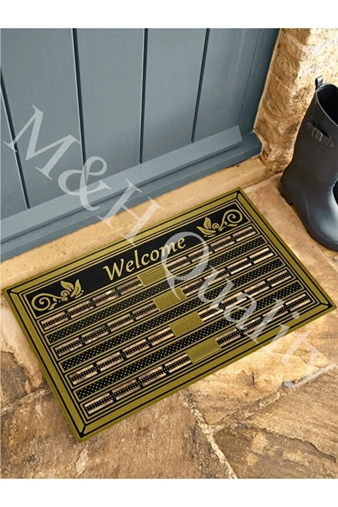 Welcome Yazlı Kapı Önü Paspası Altın Rengi