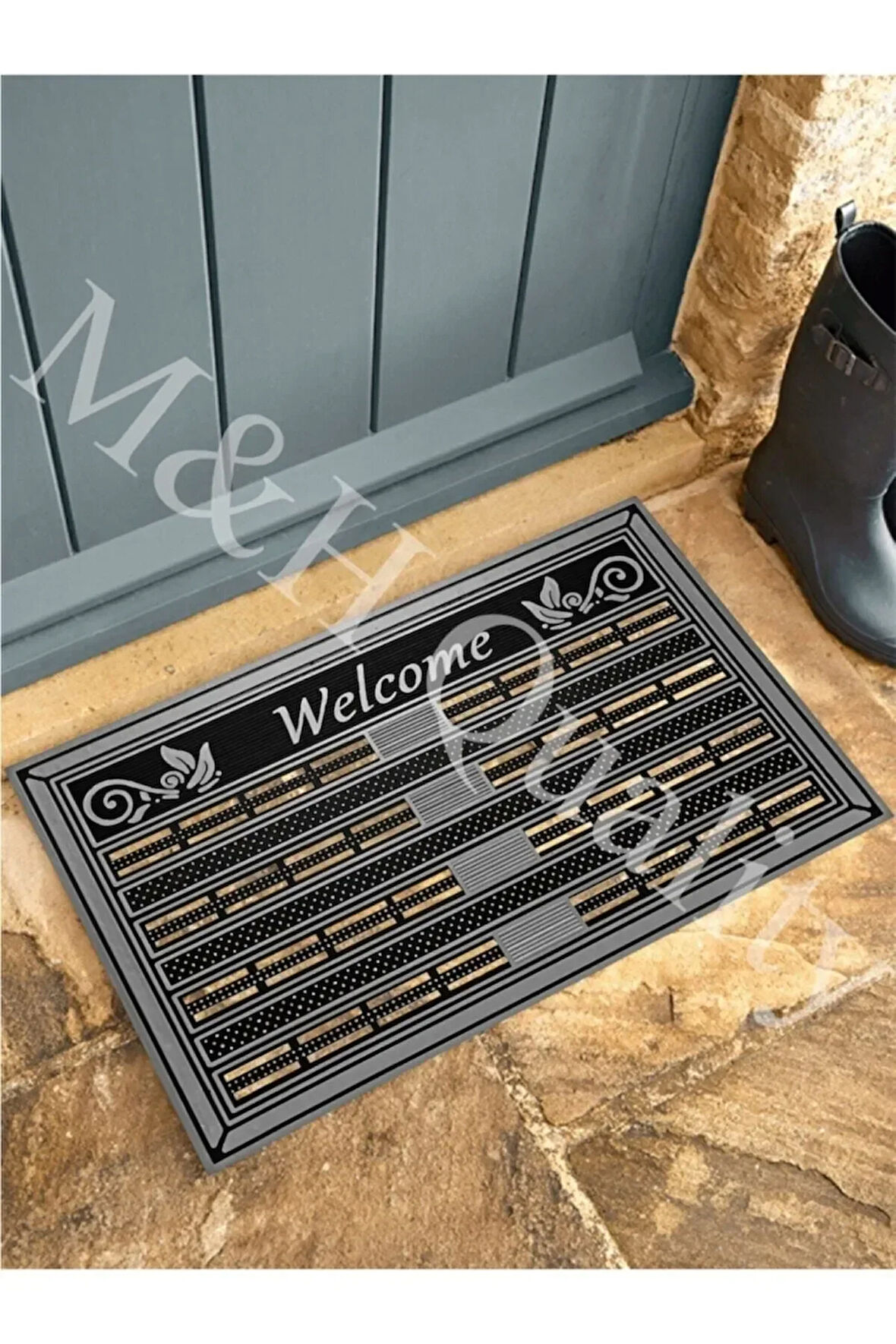 Welcome Yazlı Kapı Önü Paspası Gri Rengi