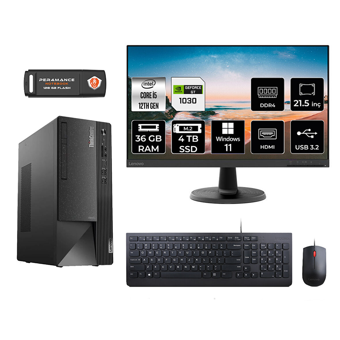 LENOVO Neo 50T M0BJTXD585 i5 12400 36GB RAM 4TB SSD GT1030 4GB 21.5" W11P MASAÜSTÜ PC