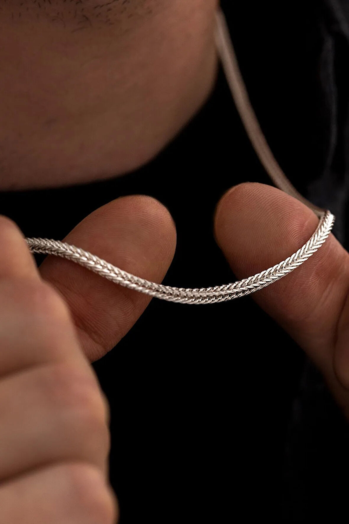 Kalın Erkek Kolye - 3mm Gümüş Beyaz Tilki Kuyruğu Model Kolye