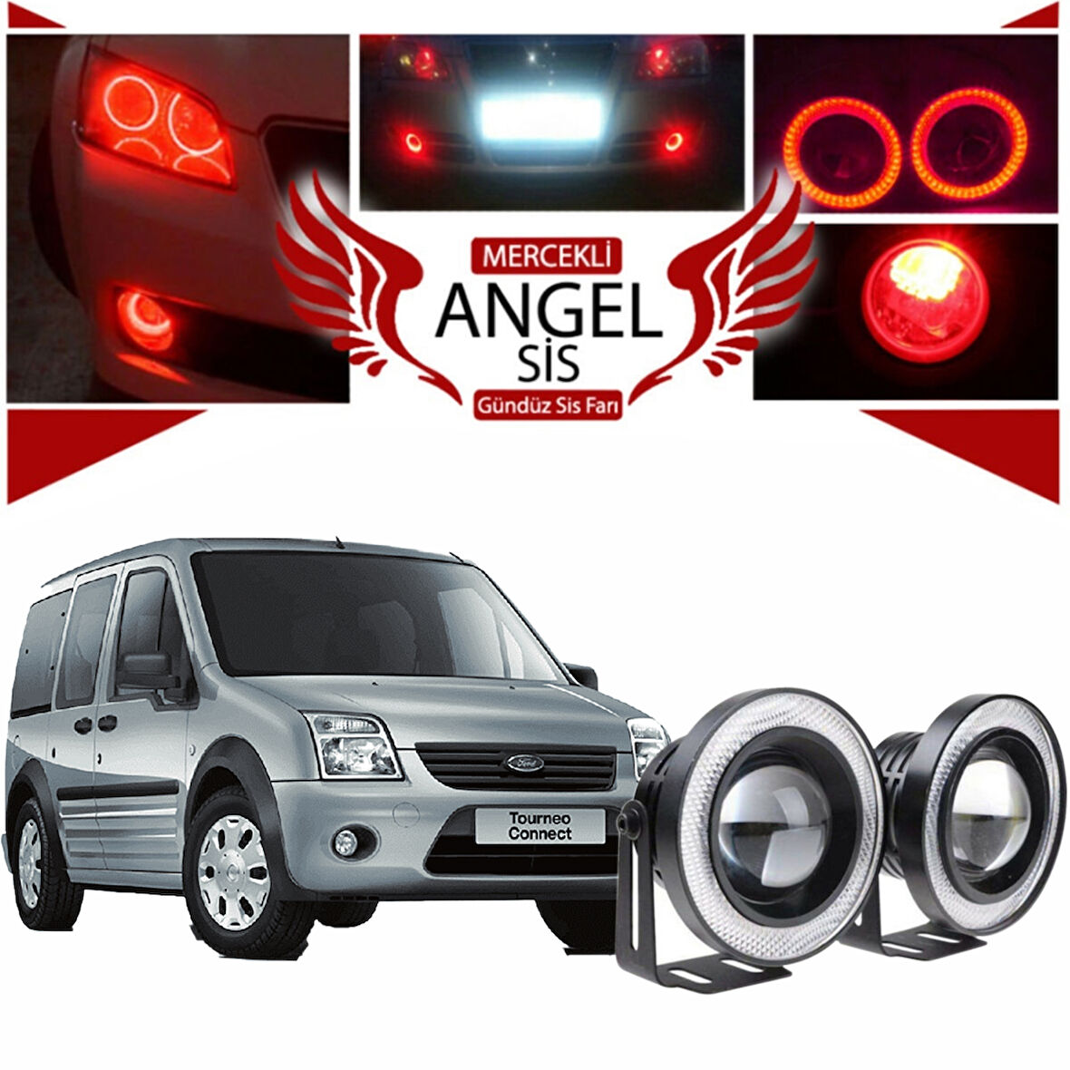 Ford Transit Connect Uyumlu, Universal Mercekli Led Angel Sis Farı, 76mm Kırmızı Renk