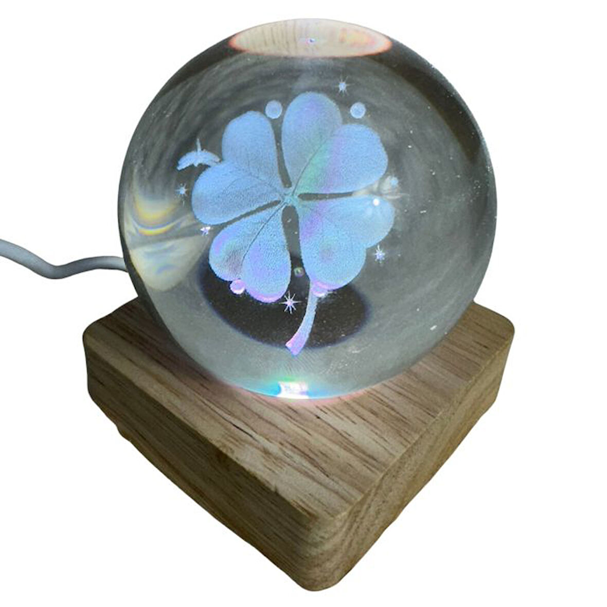 Uretti - Funda 1593 0157 Işıklı Ahşap Kare Kaideli Yonca Temalı Cam Küre /  6 Cm