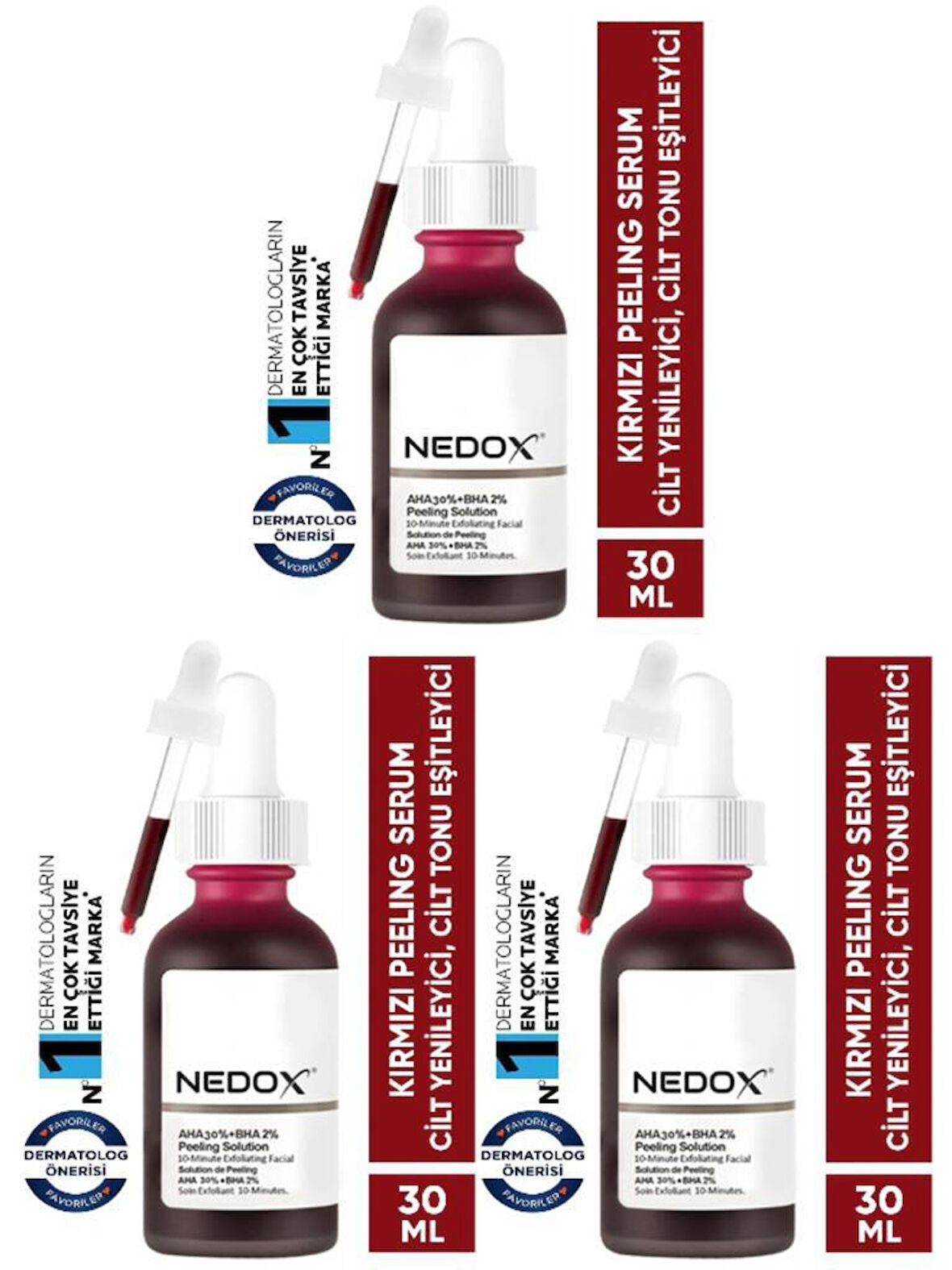 NEDOX 3 Adet Cilt Yenileyici Cilt Tonu Eşitleyici Kırmızı Peeling Serum Aha %30 Bha %2 Ph % 3.5 Serum 30 ml