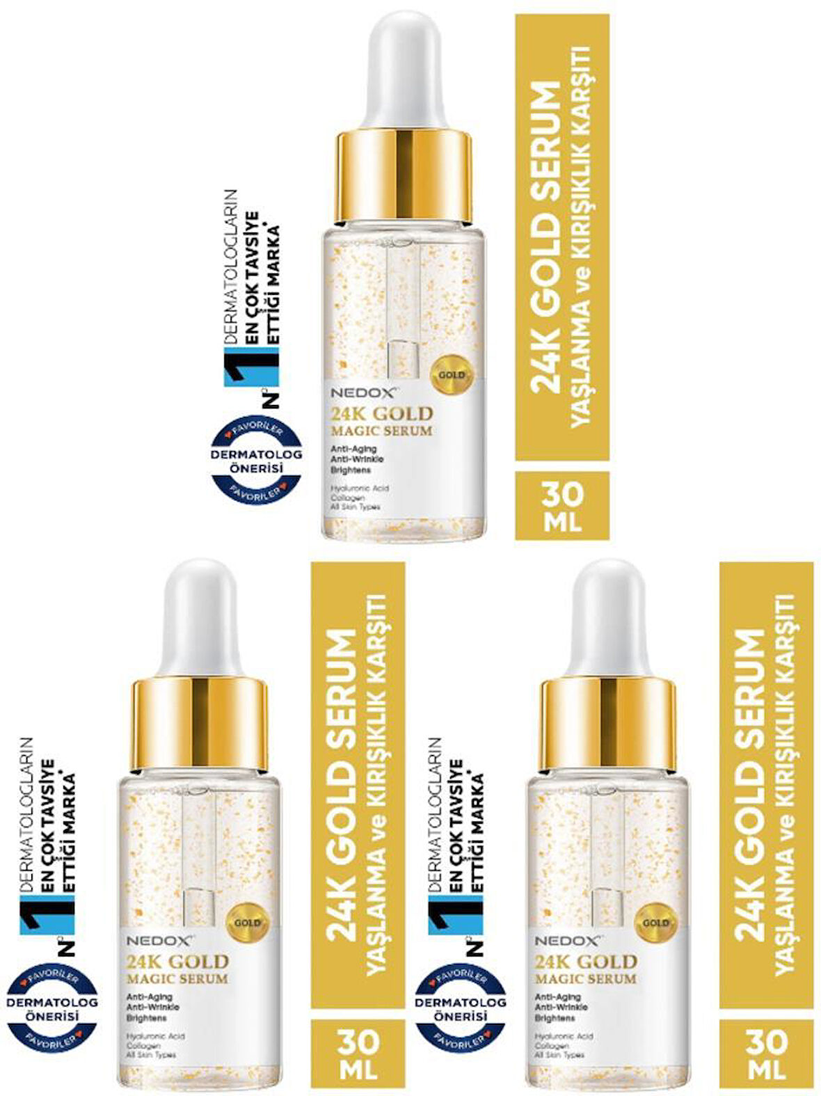 NEDOX 3 Adet Yaşlanma Ve Kırışıklık Karşıtı Anti Aging 24k Gold Serum 30 ml