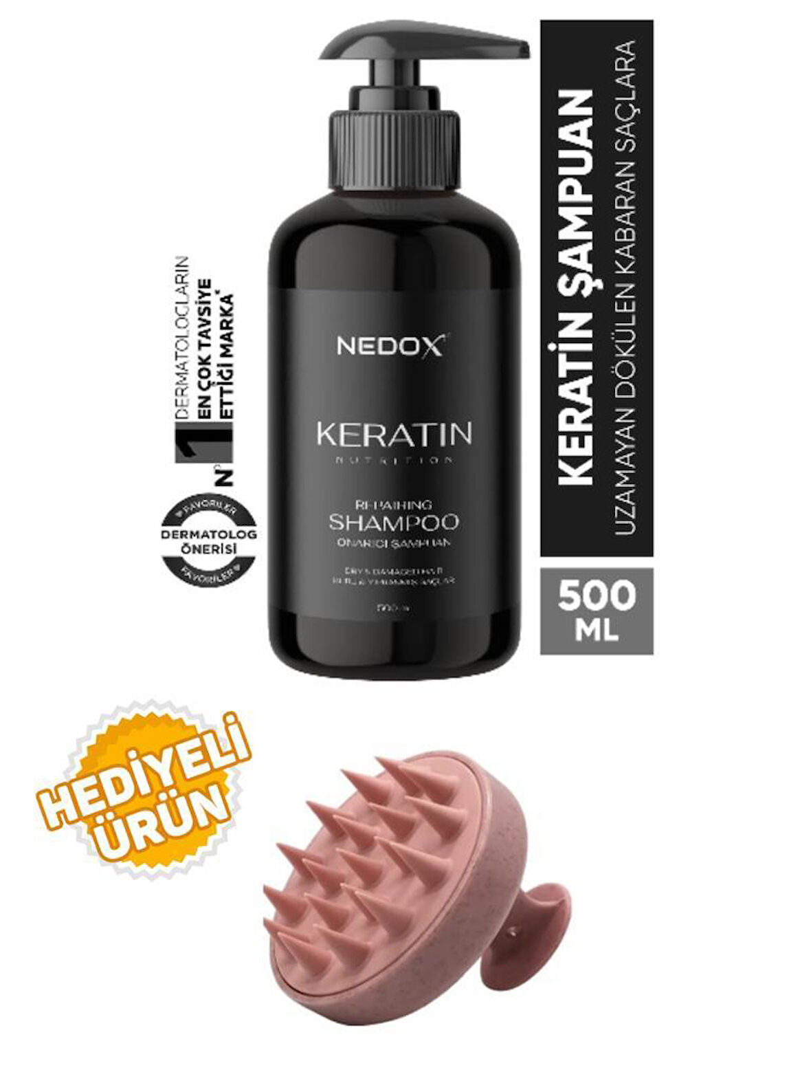 NEDOX Yıpranmış Saçlar Için Keratinli Saç Bakım Şampuanı 500 ml+Saç Masaj Tarağı