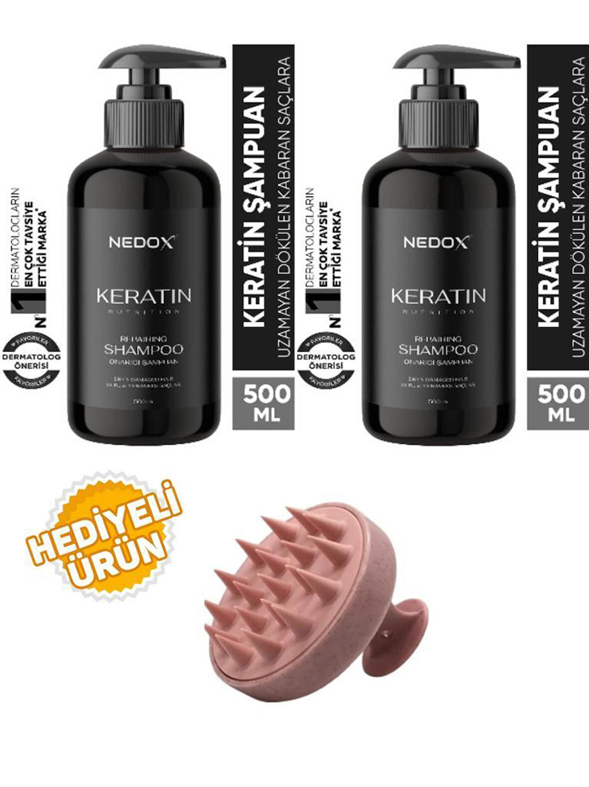 NEDOX 2 Adet Yıpranmış Saçlar Için Keratinli Saç Bakım Şampuanı 500 ml+Saç Masaj Tarağı