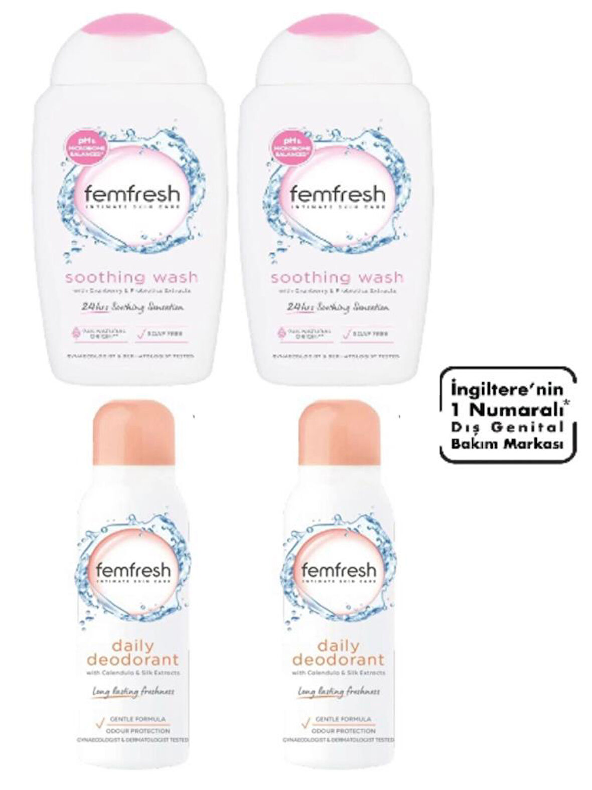 Femfresh Genital Bölge Rahatlatıcı Yıkama Jeli 250 Ml 2 Adet + Genital Bölge Deodorantı - Intimate Deodorant 125 Ml 2 Adet