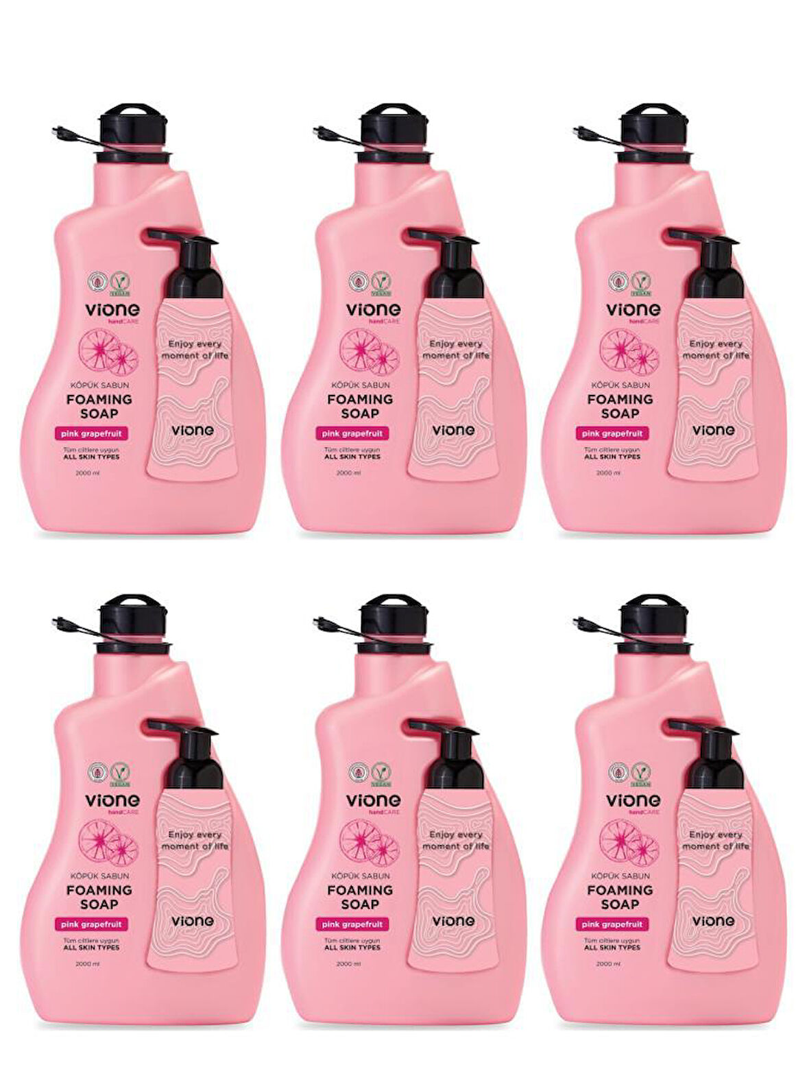 vione 6 Adet Köpük Sabun El ve Yüz İçin Pembe Greyfurt 2 lt (Köpük Yapıcı Sabunluk Hediyeli)