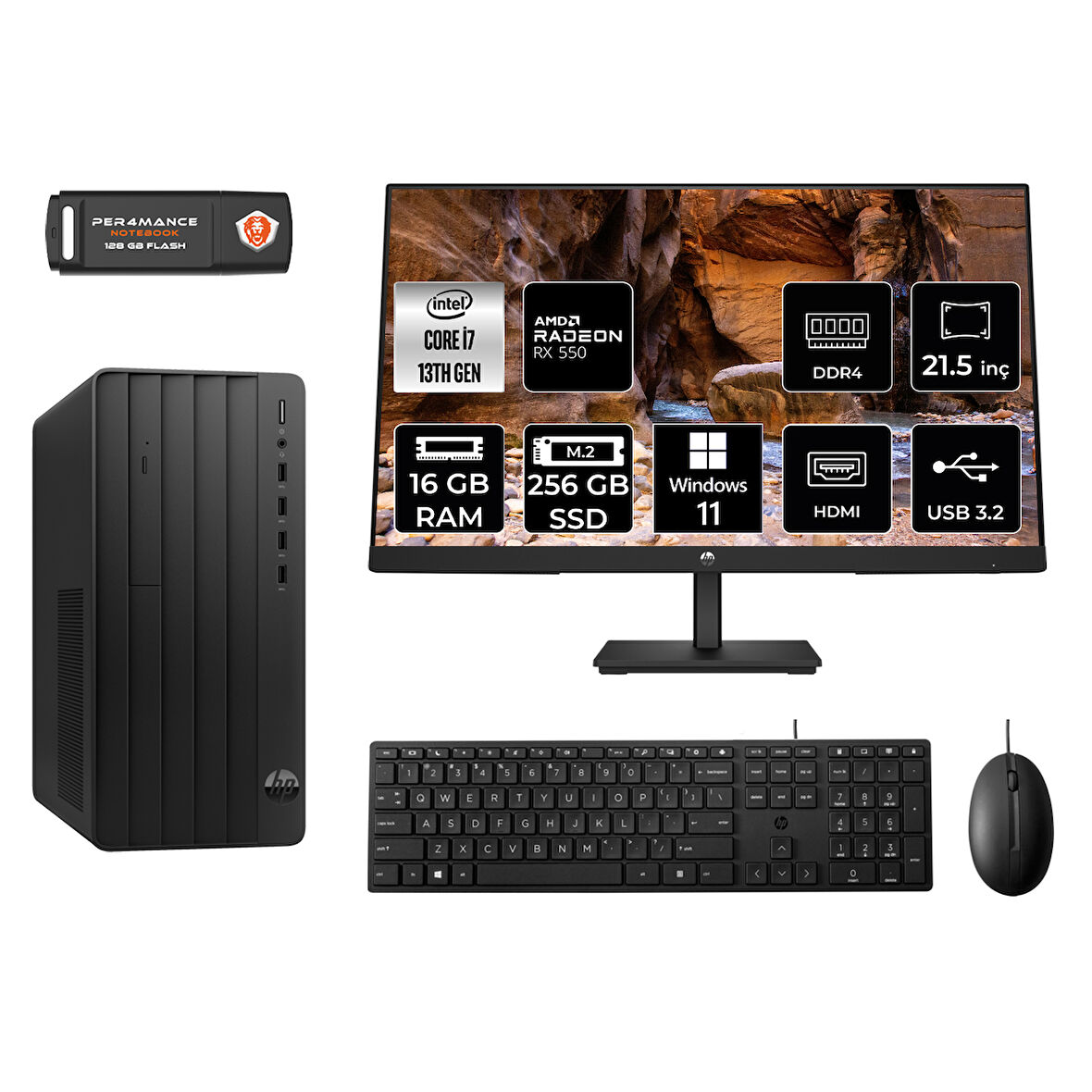 HP PRO TOWER 290 G9 MX1ESD211 i7 13700 16GB RAM 256GB SSD RX550 4GB 21.5" W11H MASAÜSTÜ PC