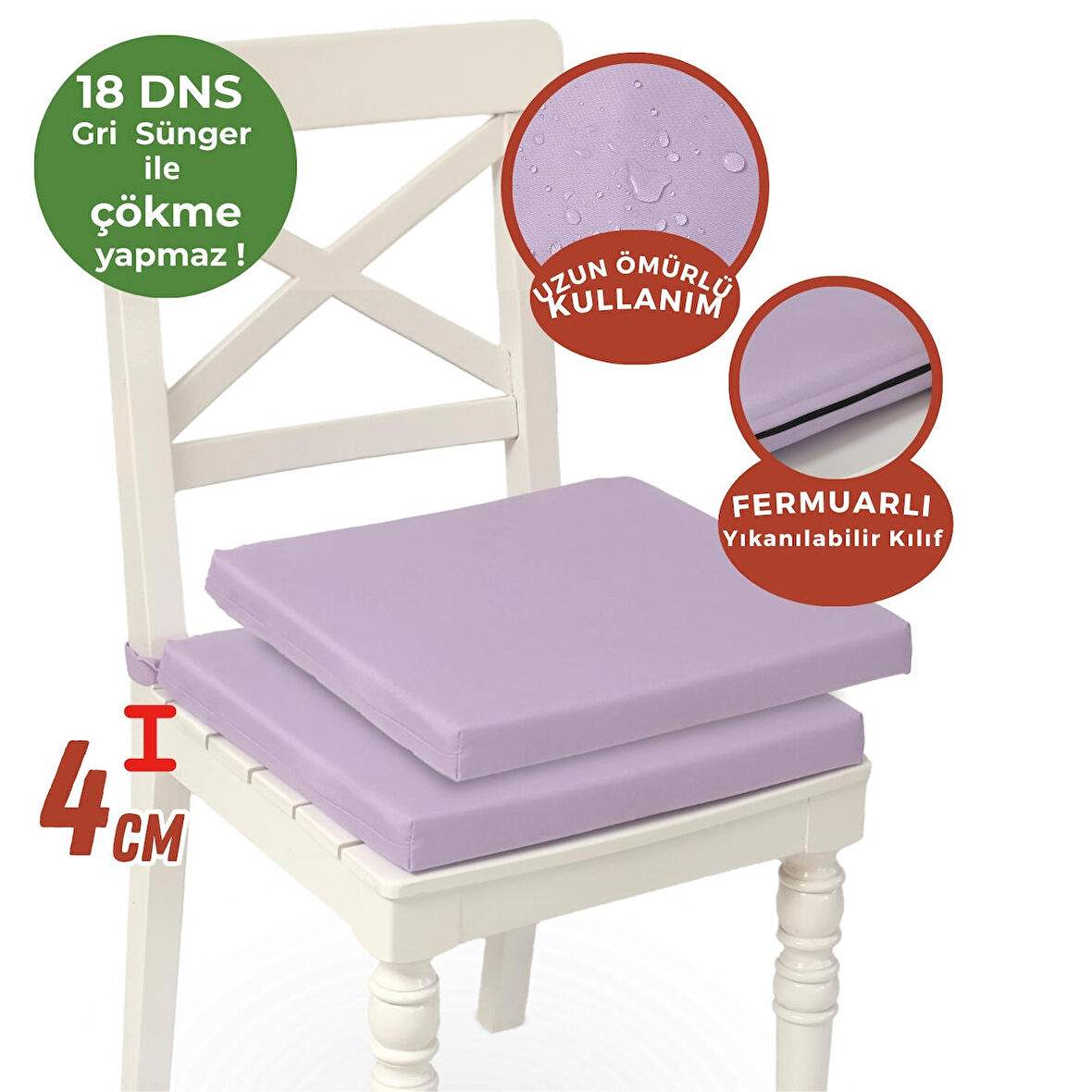Xpermate Fermuarlı 2'li Sandalye Minderi Su İtici Kumaş 40x40Cm Sünger Sandalye Minderi Bağcıklı Lila