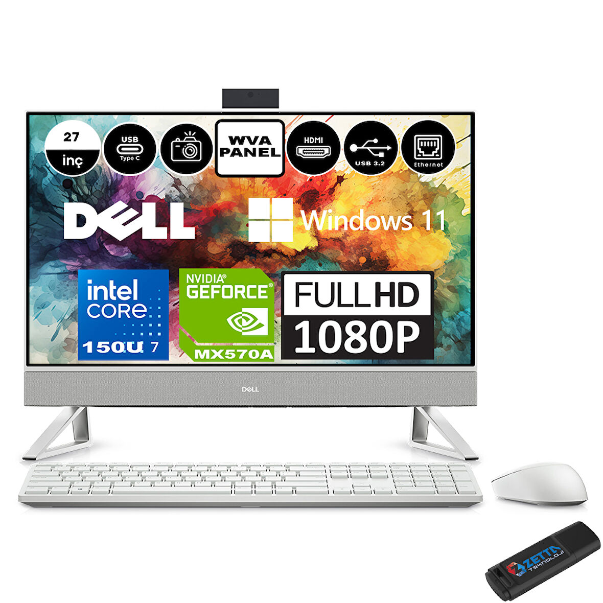 Dell Inspiron 7730 Intel Core 7 150U 32GB 512GB SSD Geforce® MX570A Windows 11 Pro 27 Inç Fullhd All In One Bilgisayar I7730AIO2008WP05+ Zetta Flash Bellek