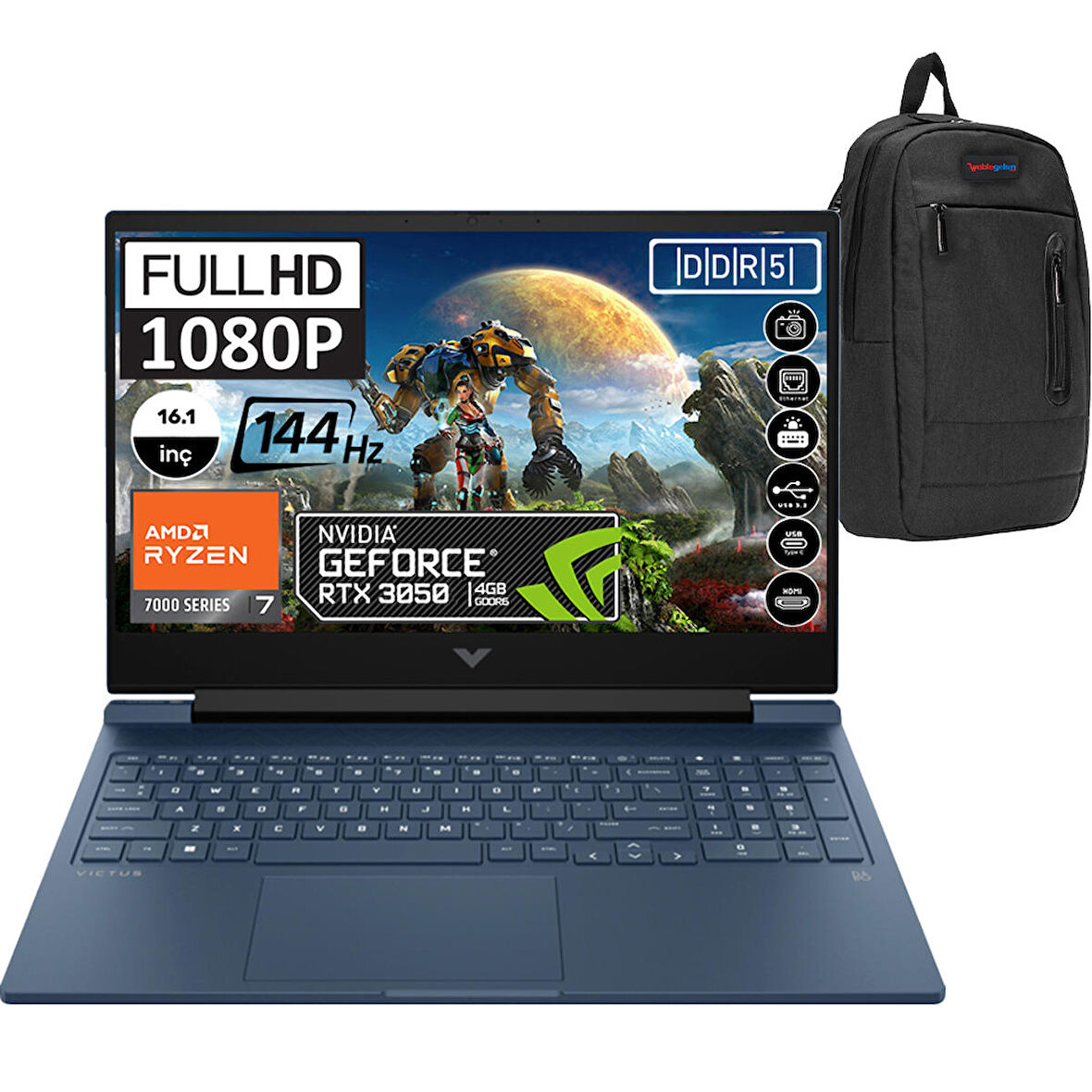 Hp Victus 16-S0031NT Amd Ryzen 7 7840HS 64GB 2TB SSD RTX3050-6GB 16.1" 144Hz FHD Windows 11 Pro Taşınabilir Bilgisayar 7Z596EAP09 + Zetta Çanta
