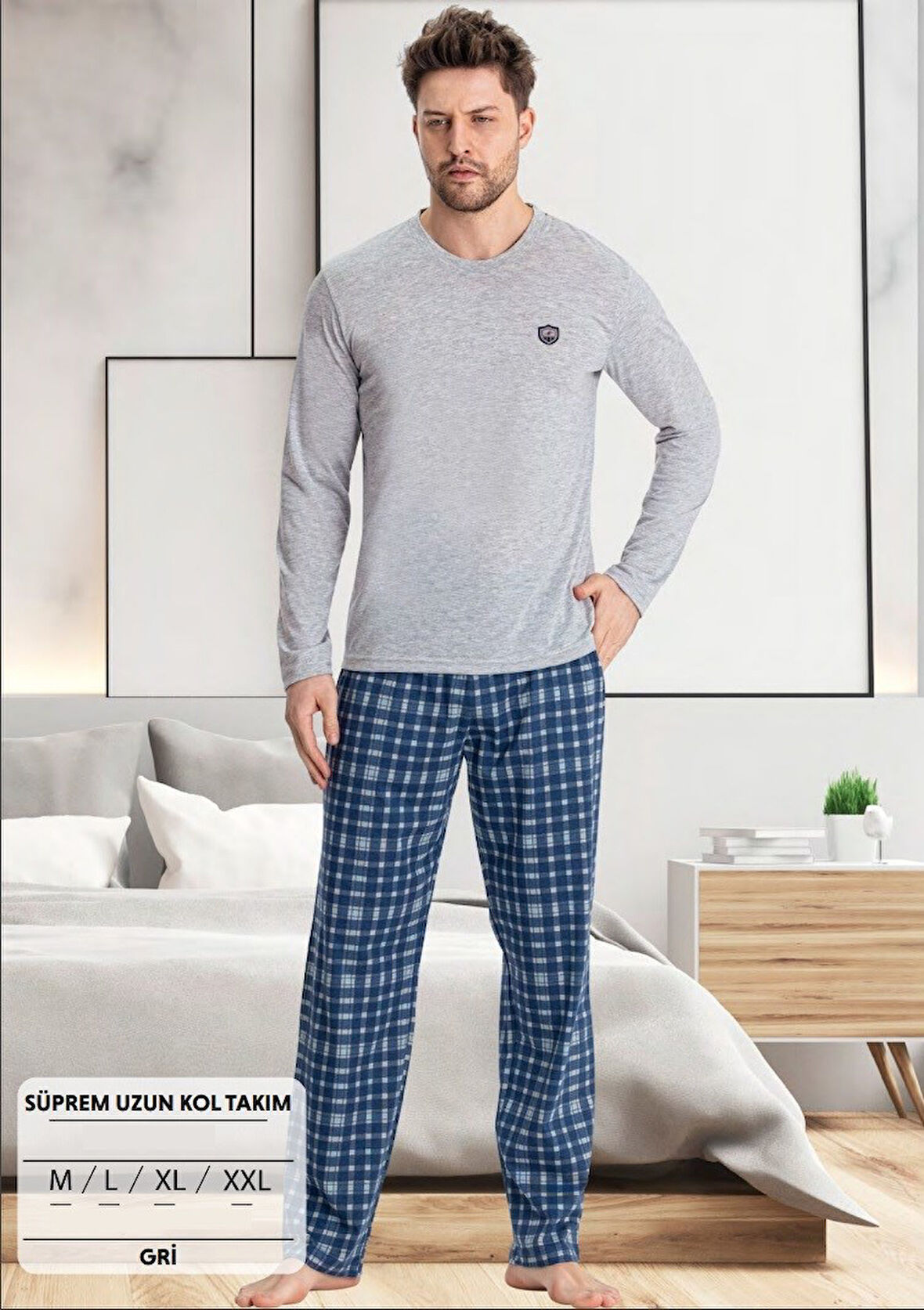 Erkek Düğmesiz Bisiklet Yaka %100 Pamuk Mevsimlik Uzun Kol Cepli Pijama Takımı 