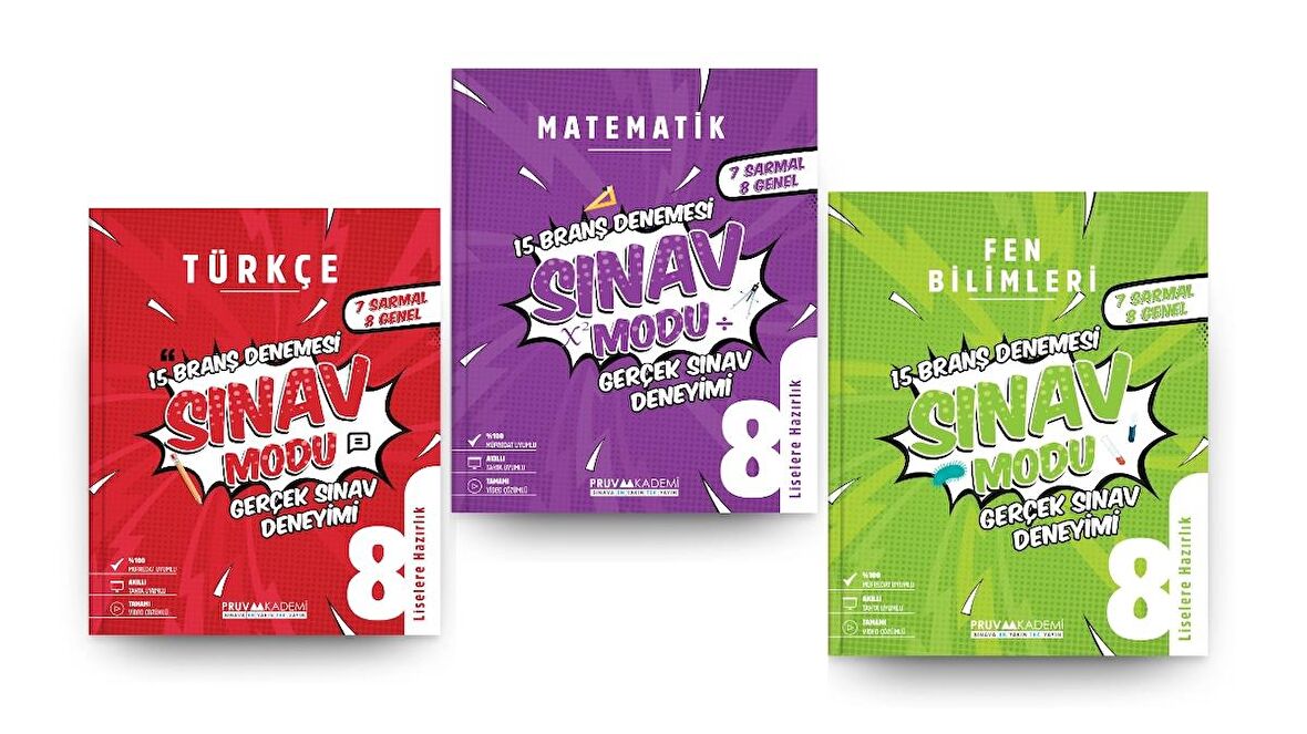PRUVA AKADEMİ YAYINLARI 8. Sınıf Türkçe + Matematik + Fen Bilgisi Branş Denemeleri (3 Kitap)