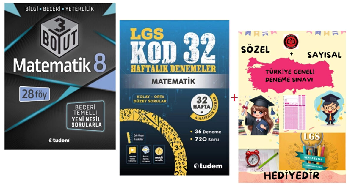 TUDEM YAYINLARI LGS MATEMATİK 3 BOYUT BECERİ TEMELLİ SORU BANKASI - MATEMATİK KOD 32 HAFTALIK  DENEMELER - HEDİYE