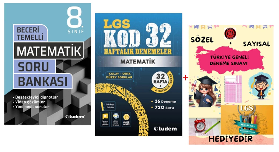 TUDEM YAYINLARI LGS MATEMATİK BECERİ TEMELLİ SORU BANKASI - MATEMATİK KOD 32 HAFTALIK DENEMELER - HEDİYE