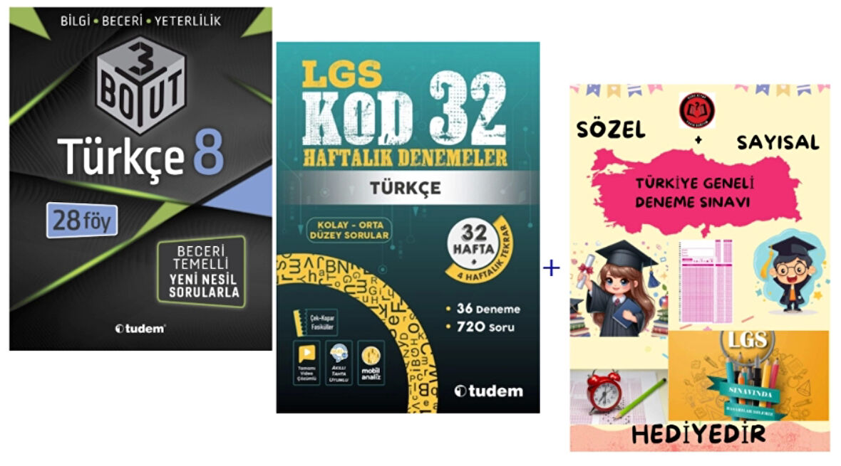 TUDEM YAYINLARI LGS TÜRKÇE 3 BOYUT BECERİ TEMELLİ SORU BANKASI - TÜRKÇE KOD 32 HAFTALIK DENEMELER- HEDİYE