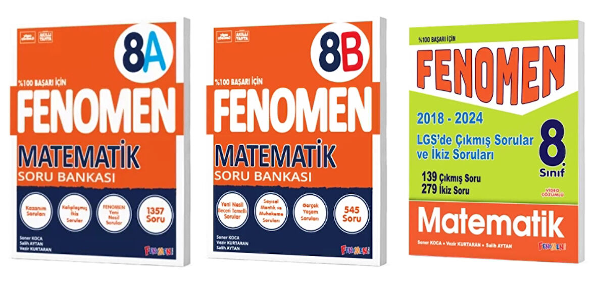 FENOMEN YAYINLARI 8. SINIF Matematik A+B Soru Bankası + LGS Matematik Çıkmış Sorular Ve İkiz Soruları (2018-2024) (3 KİTAP)