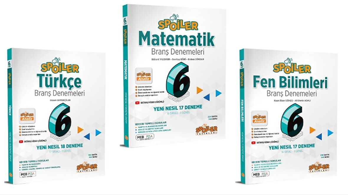 Spoiler Yayınları 6.Spoiler Türkçe - Matematik - Fen Bilimleri Branş Deneme (3 Kitap)