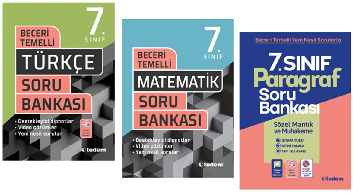 TUDEM YAYINLARI 7.SINIF BECERİ TEMELLİ TÜRKÇE - MATEMATİK - PARAGRAF SORU BANKASI