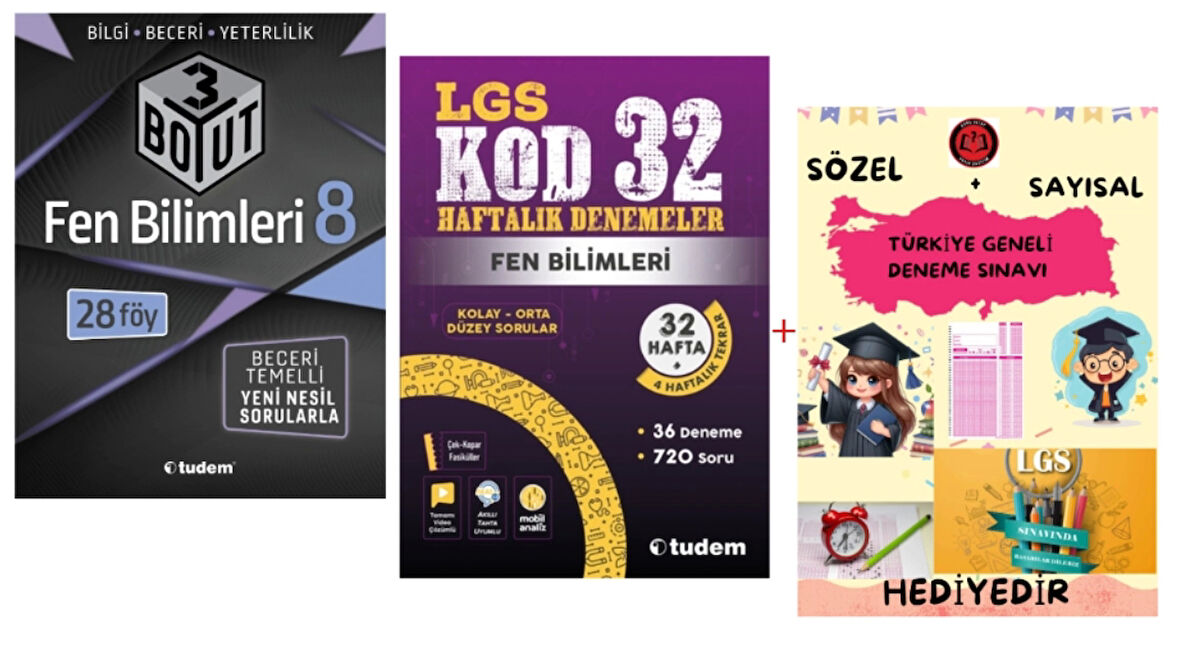 TUDEM YAYINLARI LGS FEN BİLİMLERİ 3 BOYUT BECERİ TEMELLİ SORU BANKASI - FEN BİLİMLERİ KOD 32 HAFTALIK DENEMELER - HEDİYE