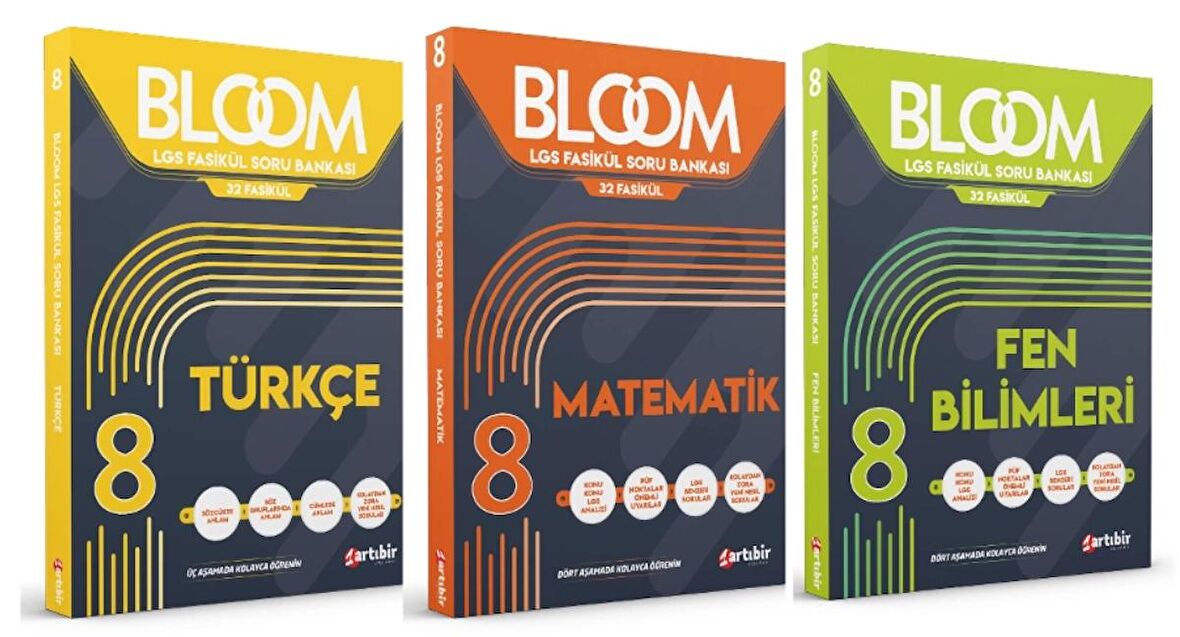 ARTIBİR YAYINLARI 8. Sınıf Bloom Türkçe + Matematik + Fen Bilimleri Fasikül Soru Bankası (3 Kitap)