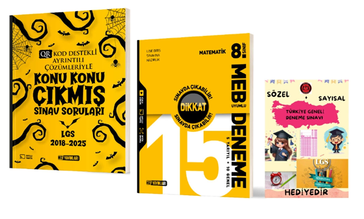 HIZ YAYINLARI 8. SINIF KONU KONU ÇIKMIŞ SINAV SORULARI - MATEMATİK 15 li DENEME ve Hediye