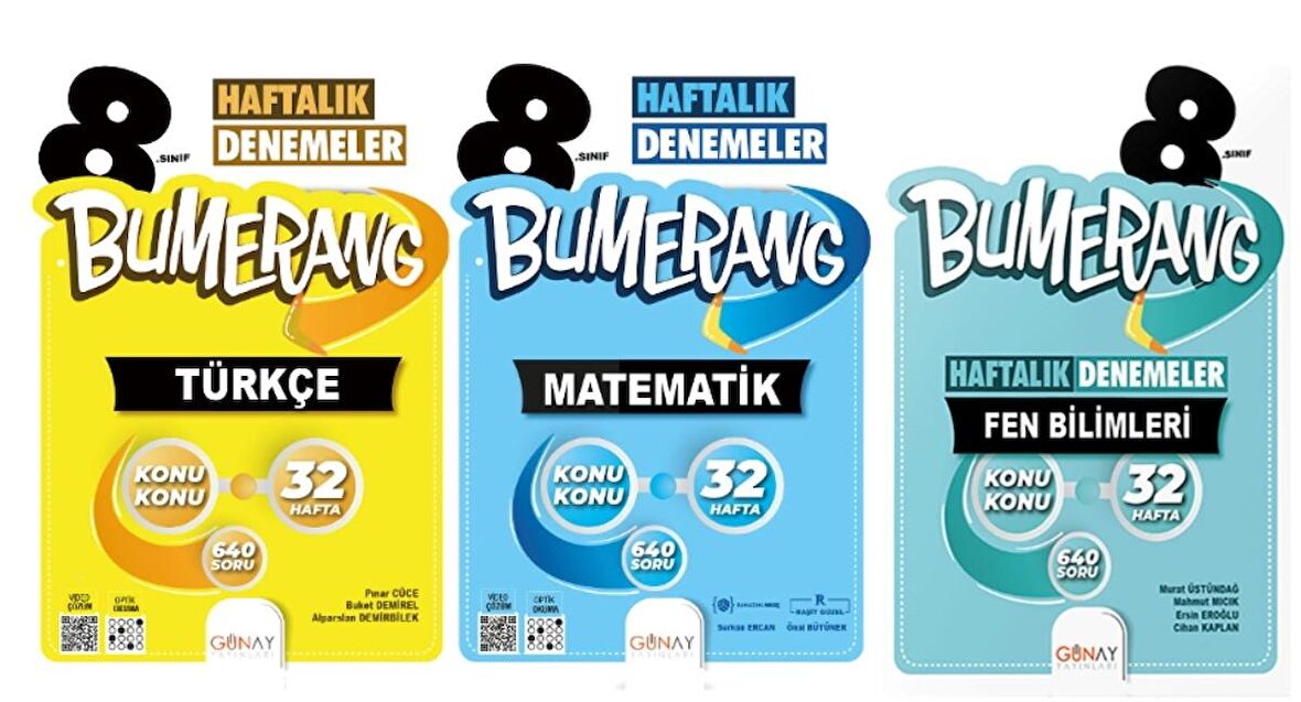 GÜNAY YAYINLARI 8.SINIF BUMERANG 32 HAFTALIK TÜRKÇE - MATEMATİK - FEN BİLİMLERİ DENEMELERİ (3 KİTAP)