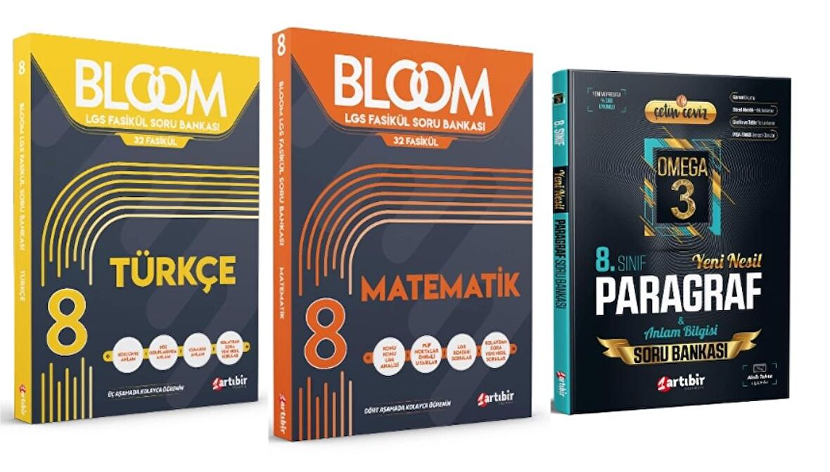 ARTIBİR YAYINLARI 8. Sınıf Bloom Türkçe + Matematik + Çetin Ceviz Omega 3 Paragraf Soru Bankası (3 Kitap)