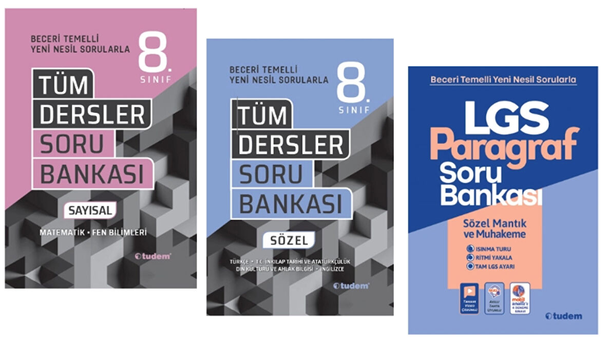 TUDEM YAYINLARI 8.SINIF LGS BECERİ TÜM DERSLER SÖZEL SORU BANKASI - TÜM DERSLER SAYISAL SORU BANKASI - PARAGRAF SORU BANKASI