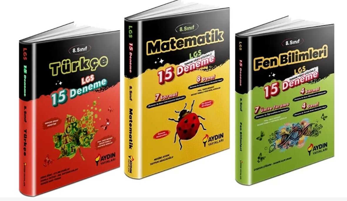 AYDIN YAYINLARI 8. Sınıf Türkçe + Matematik + Fen Bilgisi 15'liBranş Denemeleri (3 Kitap)