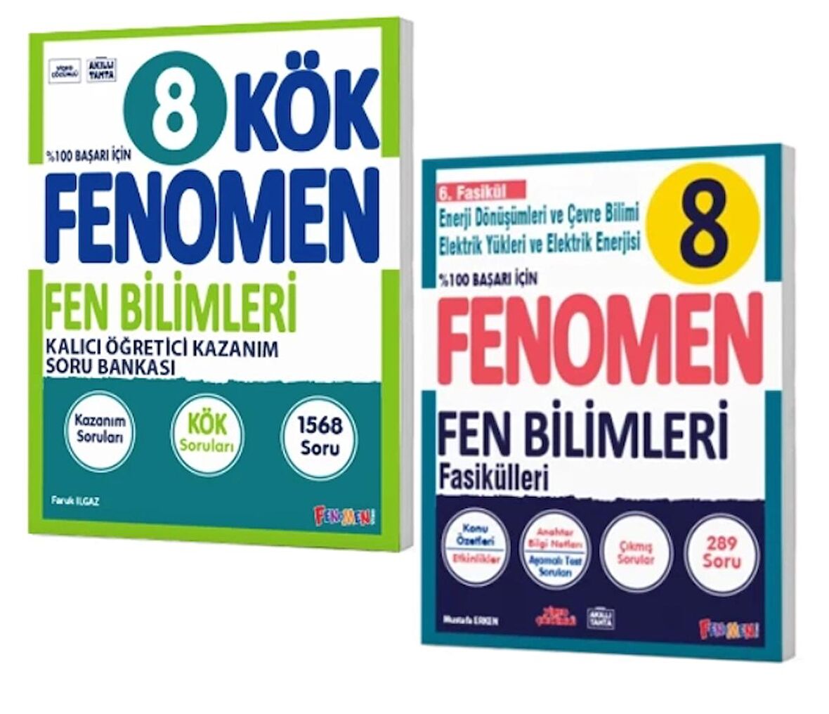 FENOMEN YAYINLARI 8. SINIF Kök Fen Bilimleri Soru Bankası + Fen Bilimleri 6. Fasikül (Enerji Dön. Ve Çevre Bil.-Elektrik Yükleri Elek. Enerjisi) (2 KİTAP)
