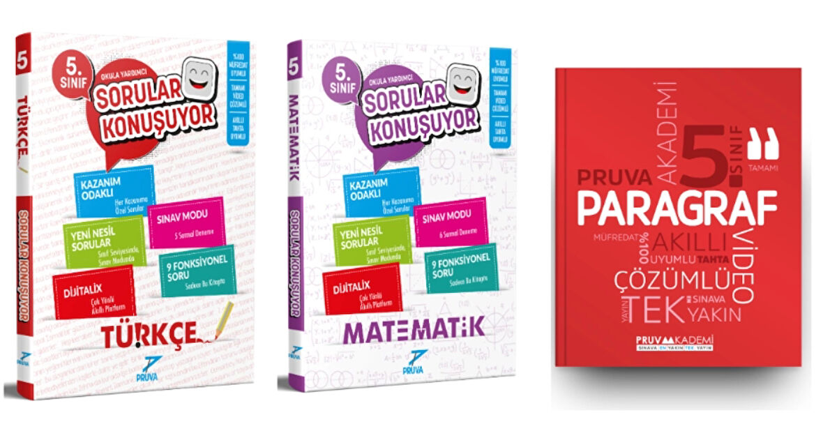 PRUVA AKADEMİ YAYINLARI 5.SINIF TÜRKÇE SORULAR KONUŞUYOR+MATEMATİK SORULAR KONUŞUYOR+PARAGRAF SORU BANKASI