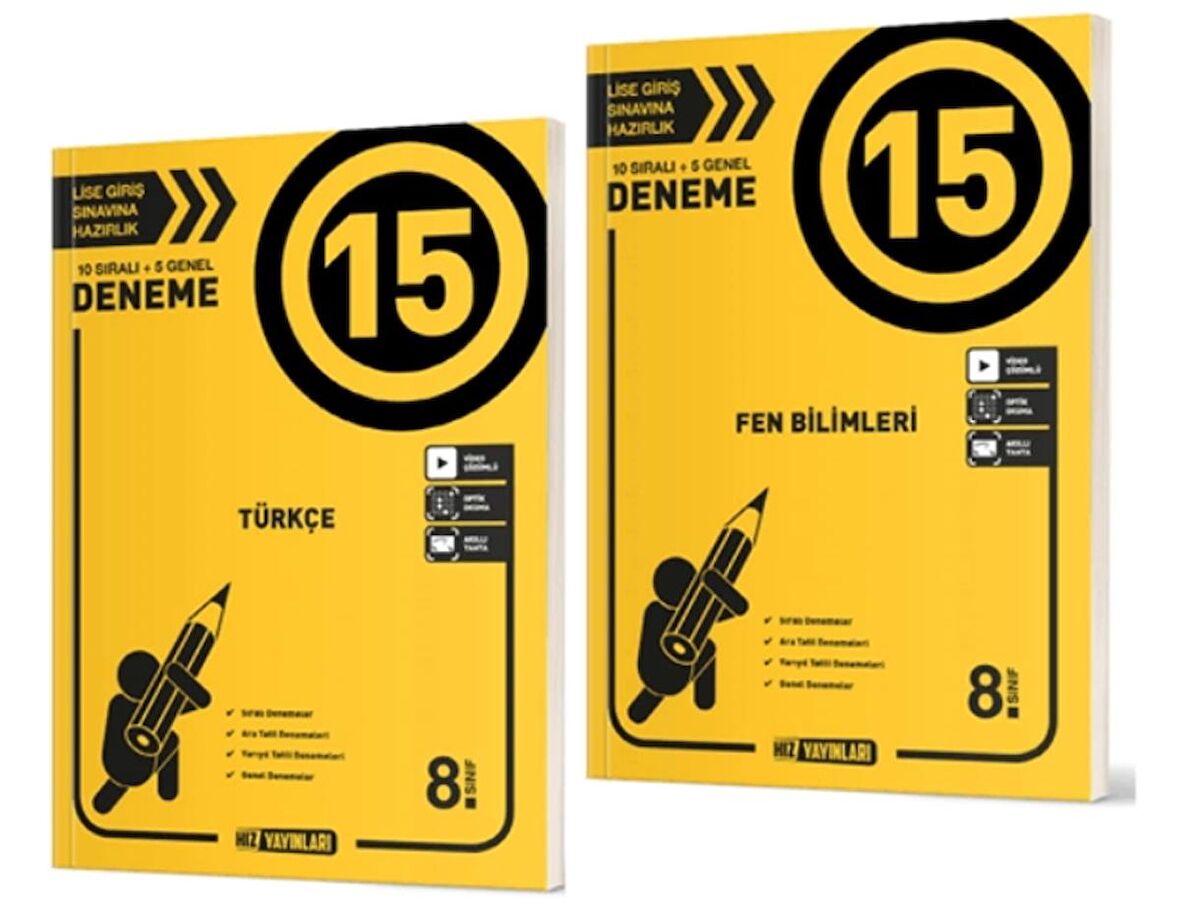 HIZ YAYINLARI 8. SINIF Türkçe - Fen Bilimleri 15'li Deneme ( 2 Kitap )