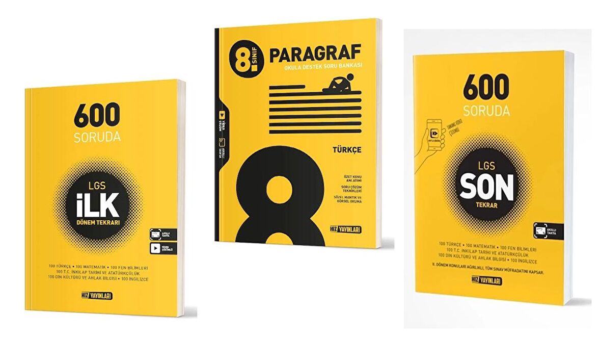 Hız Yayınları 8. Sınıf LGS 600 Soruda İlk Dönem Tekrarı + Paragraf + LGS 600 Soruda Son Tekrar (3 Kitap)