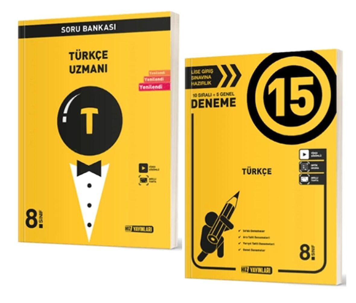 HIZ YAYINLARI 8. SINIF TÜRKÇE UZMANI SORU BANKASI + Türkçe 15 li Deneme (2 KİTAP)