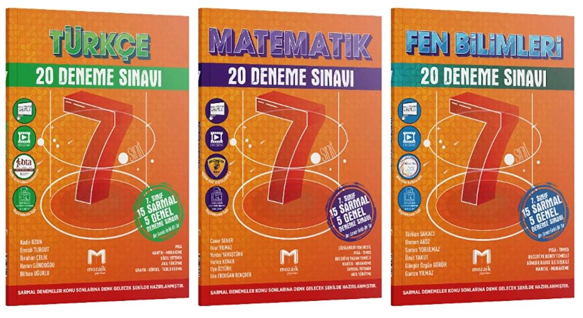 MOZAİK YAYINLARI 7. Sınıf Türkçe - Matematik - Fen Bilimleri 20 Deneme Sınavı (3 Kitap)