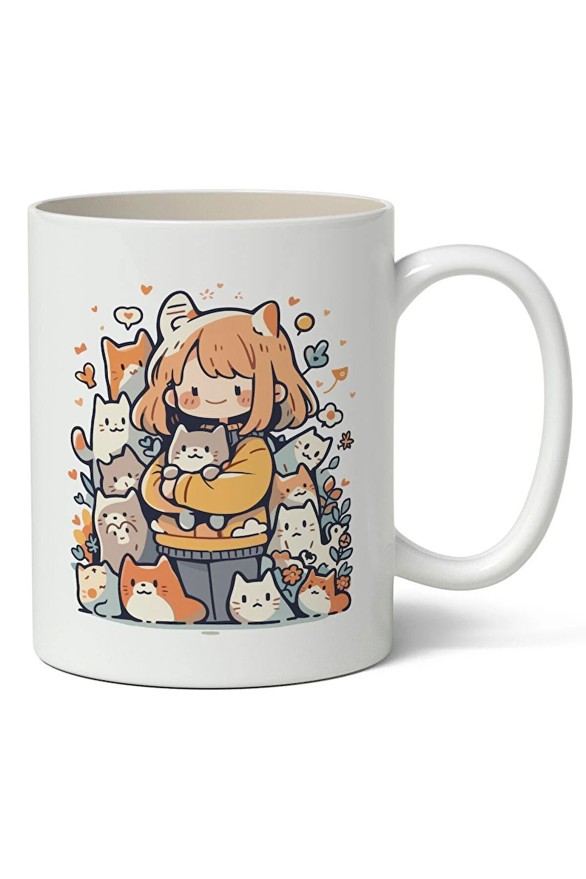 Tatlı Kediler ve Kız Temalı Beyaz Kupa Bardak Arkadaşa Sevgiliye Hediye